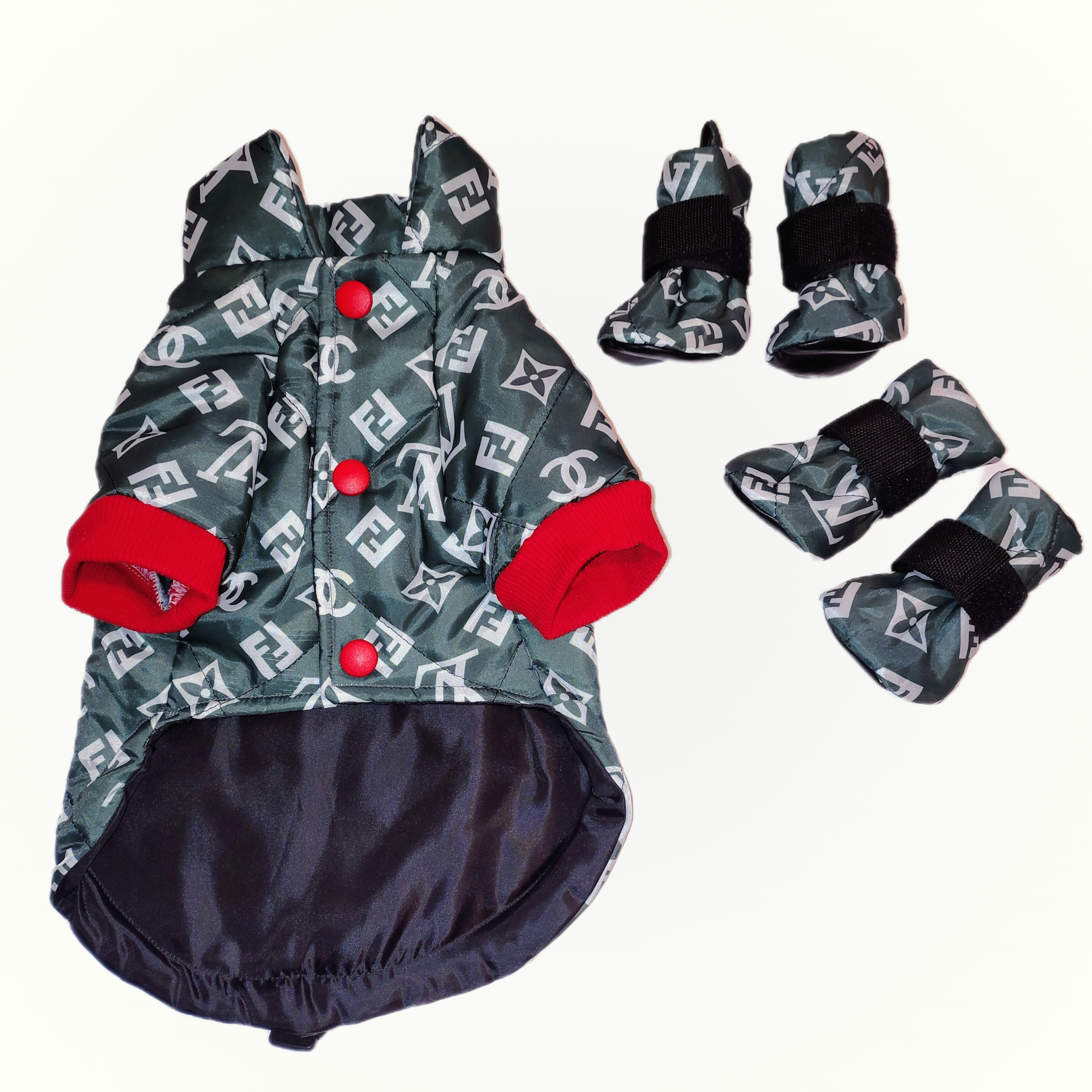 Green Louis Vuitton Dog Outfit (Jacket + Boots) πΎπ